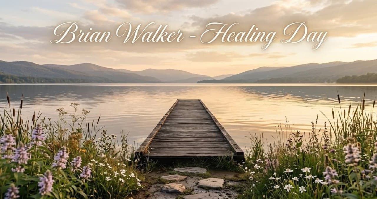 Brian Walker Healing Day over a peaceful lake and mountain landscape