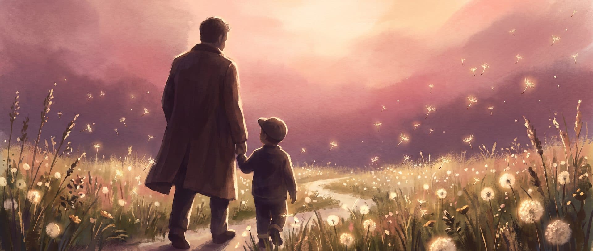 An adult and child walking hand in hand through a meadow toward a warm dusk-rose sunrise