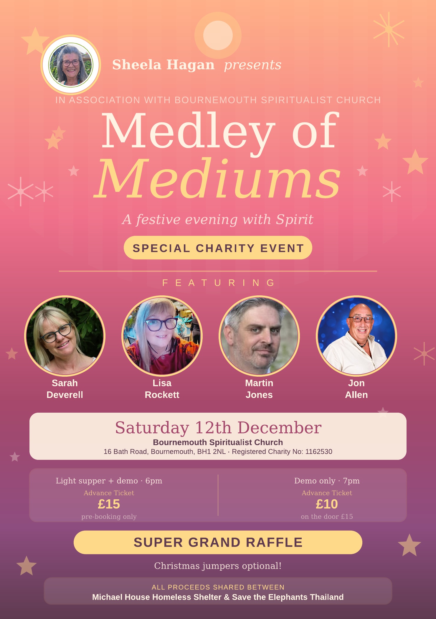 Medley of Mediums event flyer with Sheela Hagan and the four featured mediums. Event details are also provided on this page.